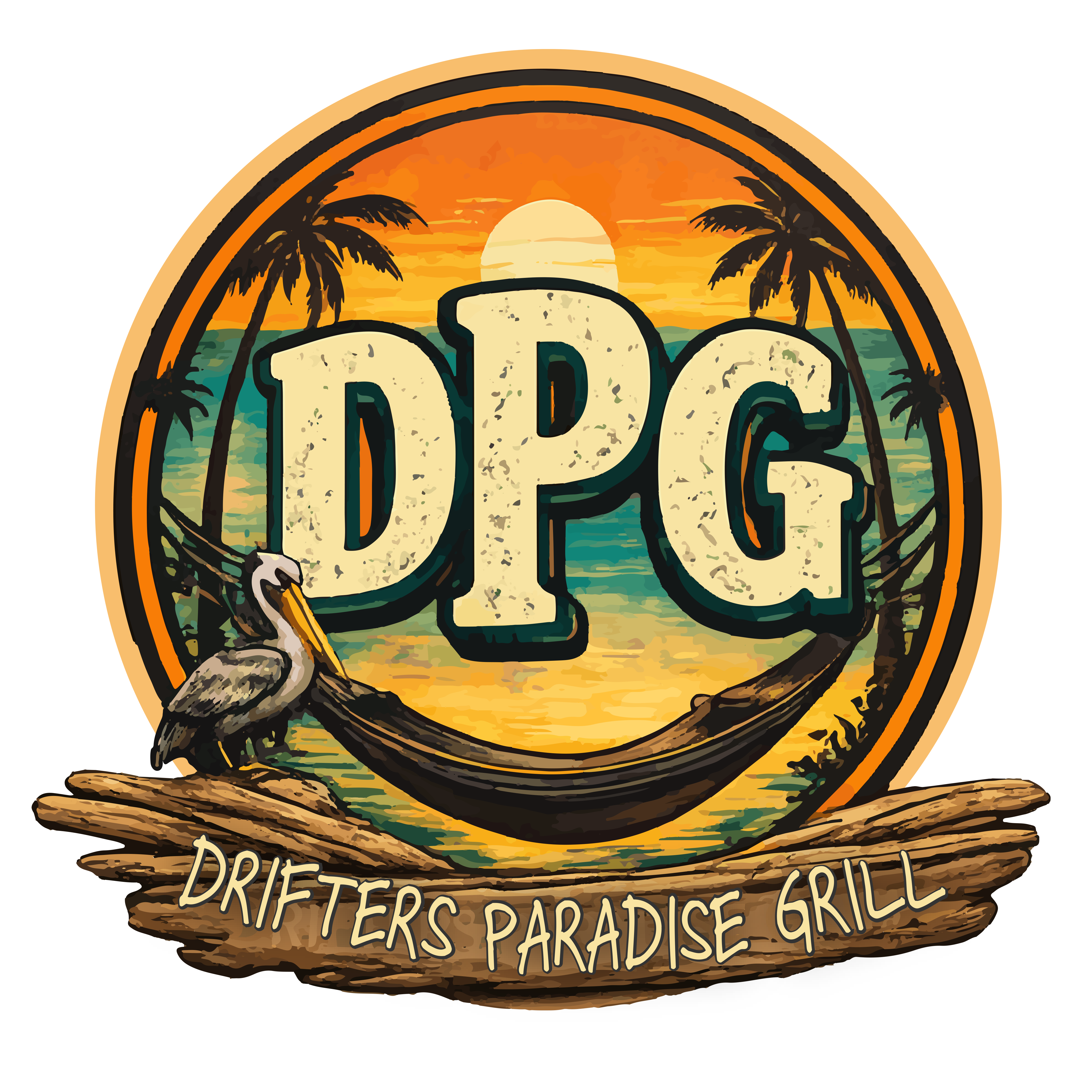 Drifter's Paradise Grill logo — tropical sunset with palm trees, pelican, and hammock