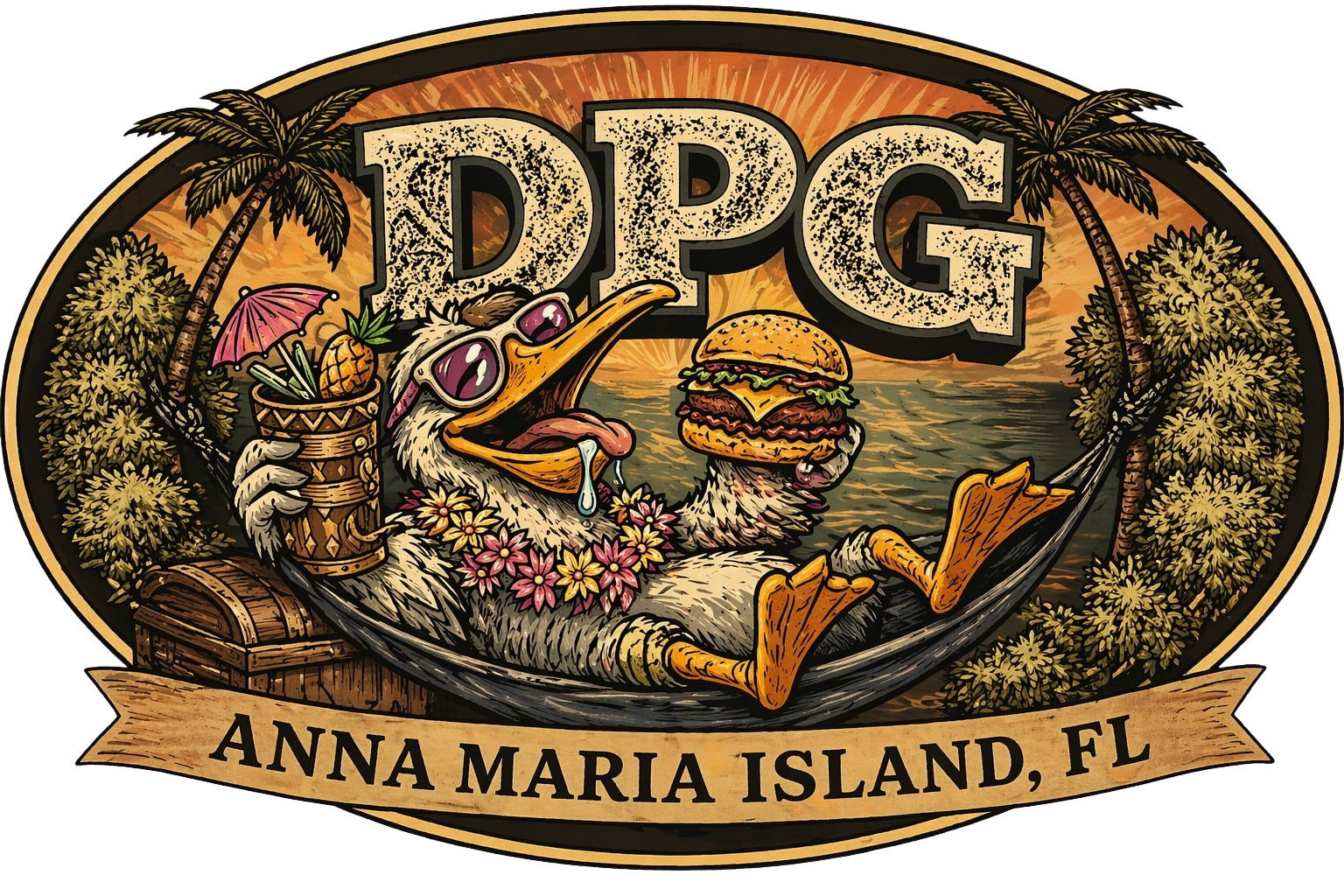 Drunken Pelican Grill logo — pelican in sunglasses relaxing in a hammock with a burger and tiki cocktail under palm trees at sunset, Anna Maria Island, FL